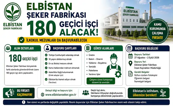 Elbistan Şeker Fabrikası 180 Geçici İşçi Alacak: İlkokul Mezunları da Başvurabilecek