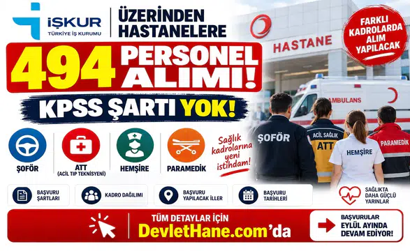İŞKUR Üzerinden Hastanelere 494 Personel Alımı! KPSS Şartı Yok: Şoför, ATT, Hemşire ve Paramedik Alınacak