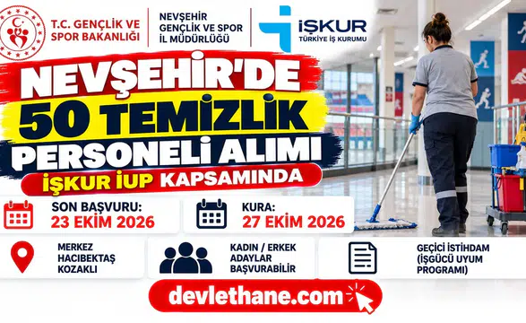 Nevşehir Gençlik ve Spor İl Müdürlüğü'ne İŞKUR ile 50 temizlik personeli alınacak