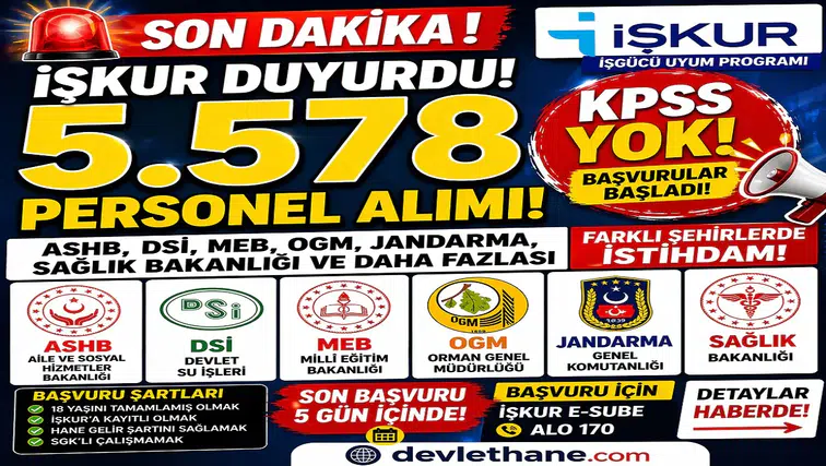 KPSS’siz Dev Alım Başladı! ASHB, DSİ, MEB, OGM, Jandarma ve Sağlık Bakanlığı 5578 İUP Personel Alımı Yapıyor