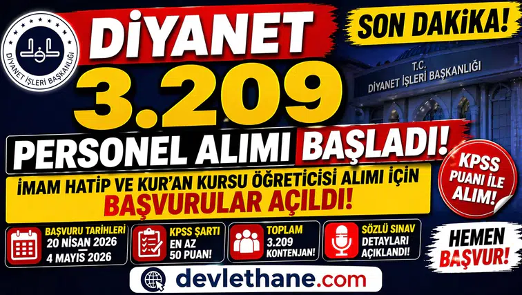 Diyanet 3.209 Personel Alımı Başladı! İmam Hatip ve Kur’an Kursu Öğreticisi Alımı İçin Başvurular Açıldı