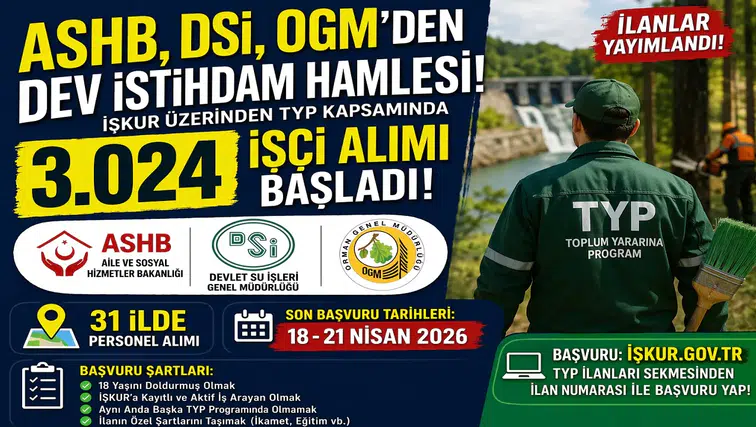 ASHB, DSİ ve OGM’den Dev Personel Alımı: 31 İlde 3.024 Kişilik TYP Fırsatı! İlan Numaraları ve Başvuru Şartları Açıklandı
