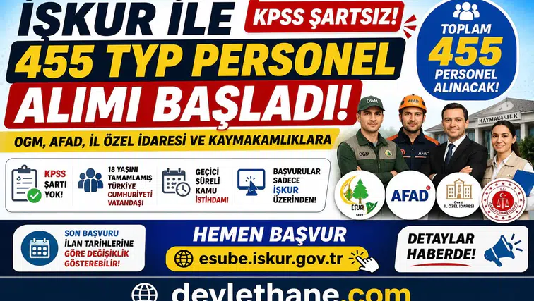 İŞKUR 455 TYP Personel Alımı Başladı! OGM, AFAD, Kaymakamlık ve İl Özel İdaresine KPSS Şartsız Personel Alınacak