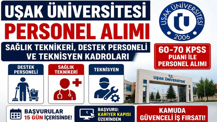 Uşak Üniversitesi 60 ve 70 KPSS ile Personel Alımı Yapacak! Sağlık Teknikeri, Destek Personeli ve Teknisyen Kadroları İçin Başvurular Başladı