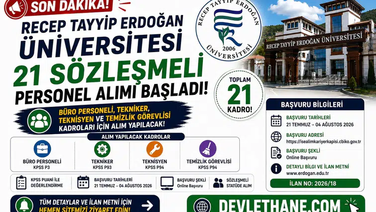 Recep Tayyip Erdoğan Üniversitesi 21 Sözleşmeli Personel Alımı Başladı! Büro Personeli, Tekniker, Teknisyen ve Temizlik Görevlisi Alınacak