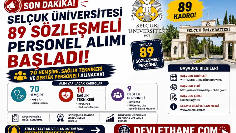 Selçuk Üniversitesi 89 Sözleşmeli Personel Alımı Başladı! 70 Hemşire, Sağlık Teknikeri ve Destek Personeli Alınacak