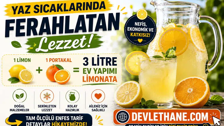 Yaz Sıcaklarında Ferahlatan Lezzet! 1 Limon ve 1 Portakalla 3 Litre Ev Yapımı Limonata Tarifi
