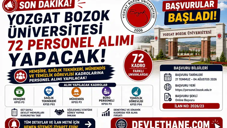 Yozgat Bozok Üniversitesi 72 Personel Alımı Yapacak! Hemşire, Sağlık Teknikeri, Mühendis ve Temizlik Görevlisi Başvuruları Başladı
