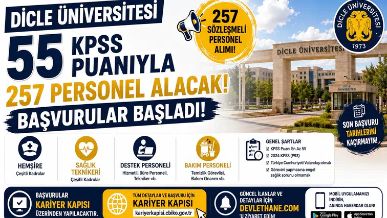 Dicle Üniversitesi 55 KPSS Puanıyla 257 Personel Alacak! Başvurular Başladı