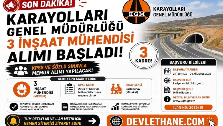 Karayolları Genel Müdürlüğü 3 İnşaat Mühendisi Alımı Başladı! KPSS ve Sözlü Sınavla Memur Alımı Yapılacak