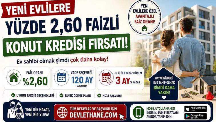 Yeni Evlilere Yüzde 2,60 Faizli Konut Kredisi Fırsatı! 120 Ay Vade ve 3 Ay Erteleme Seçeneği Açıklandı