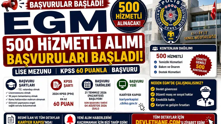 EGM 500 Hizmetli Alımı Başvuruları Başladı! Lise Mezunu KPSS 60 Puanla Başvuru