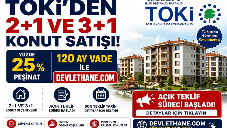 TOKİ’den 2+1 ve 3+1 Konut Satışı: Yüzde 25 Peşinat, 120 Ay Vade ile Açık Teklif Süreci Başladı