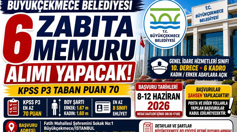 Büyükçekmece Belediyesi 6 Zabıta Memuru Alımı Yapacak! KPSS 70 Şartı ve Başvuru Detayları Açıklandı