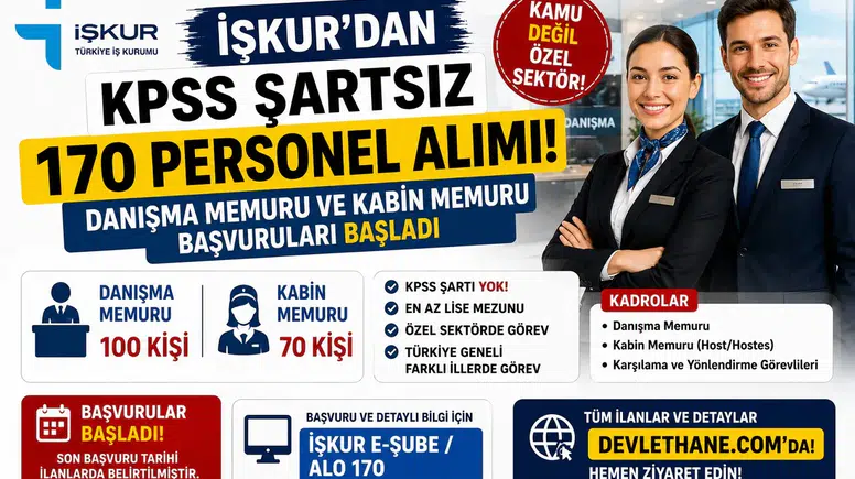 İŞKUR'dan KPSS Şartsız 170 Personel Alımı! Danışma Memuru ve Kabin Memuru Başvuruları Başladı