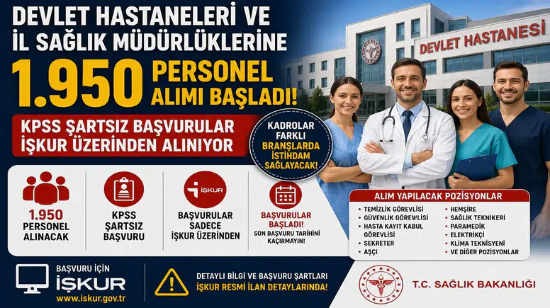 Devlet Hastaneleri ve İl Sağlık Müdürlüklerine 1.950 Personel Alımı Başladı! KPSS Şartsız Başvurular İŞKUR Üzerinden Alınıyor