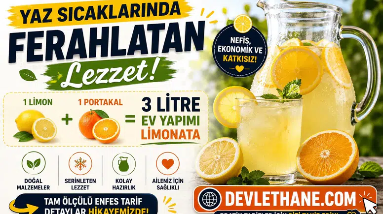 Yaz Sıcaklarında Ferahlatan Lezzet! 1 Limon ve 1 Portakalla 3 Litre Ev Yapımı Limonata Tarifi