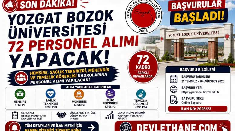 Yozgat Bozok Üniversitesi 72 Personel Alımı Yapacak! Hemşire, Sağlık Teknikeri, Mühendis ve Temizlik Görevlisi Başvuruları Başladı