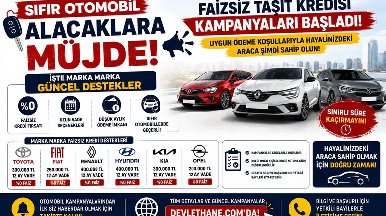 Sıfır Otomobil Alacaklara Müjde! Faizsiz Taşıt Kredisi Kampanyaları Başladı: İşte Marka Marka Güncel Destekler