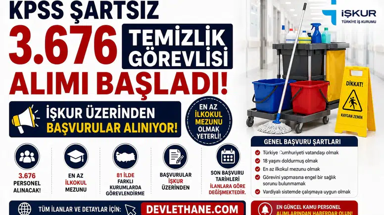 KPSS Şartsız 3.676 Temizlik Görevlisi Alımı Başladı! İŞKUR Üzerinden Başvurular Alınıyor