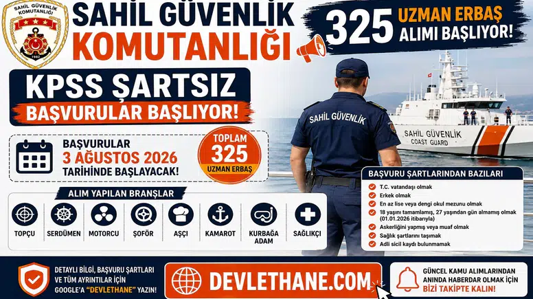Sahil Güvenlik Komutanlığı 325 Uzman Erbaş Alımı Başlıyor! KPSS Şartsız Başvurular 3 Ağustos'ta Başlayacak