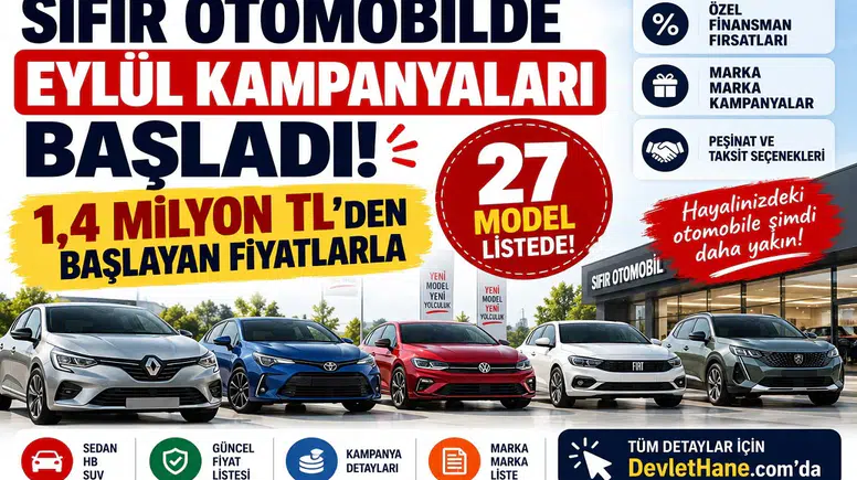 Sıfır Otomobilde Eylül Kampanyaları Başladı: 1,4 Milyon TL’den Başlayan Fiyatlarla 27 Model Listede