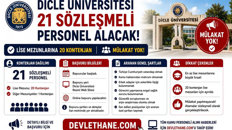 Dicle Üniversitesi 21 Sözleşmeli Personel Alacak: Lise Mezunlarına 20 Kontenjan, Mülakat Yok
