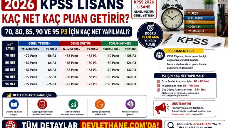 2026 KPSS Lisans Kaç Net Kaç Puan Getirir? 70, 80, 85, 90 ve 95 P3 İçin Kaç Net Yapılmalı?