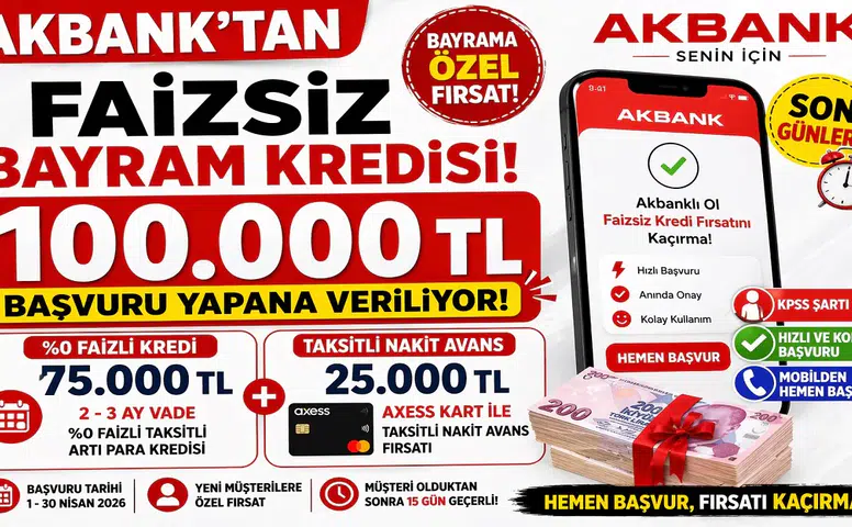 Akbank’tan Faizsiz 100 Bin TL Bayram Kredisi! Mobil Başvuru ile Anında Fırsat