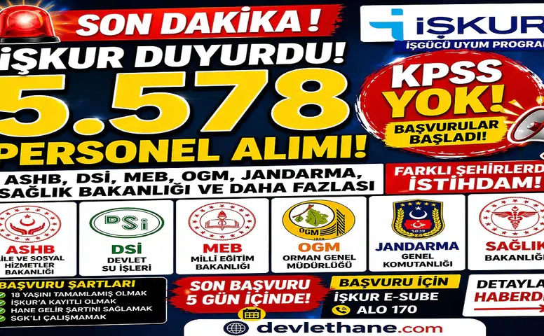 KPSS’siz Dev Alım Başladı! ASHB, DSİ, MEB, OGM, Jandarma ve Sağlık Bakanlığı 5578 İUP Personel Alımı Yapıyor