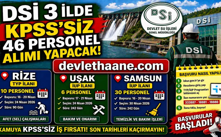 DSİ 3 İlde KPSS’siz 46 Personel Alımı Yapacak! İŞKUR Başvuruları Başladı