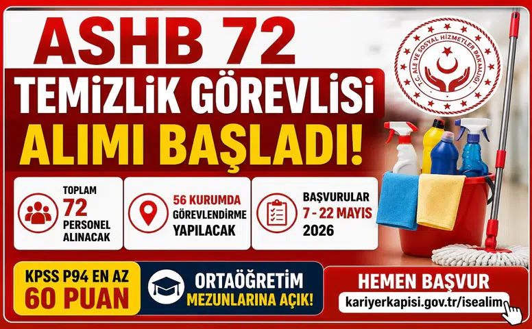 ASHB 72 Temizlik Görevlisi Alımı Başladı! 56 Kurumda Personel İstihdamı Yapılacak: Başvuru Şartları ve Kontenjanlar Açıklandı