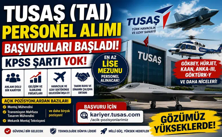 TUSAŞ (TAI) KPSS Şartsız Personel Alımı Başladı! En Az Lise Mezunu Personel Alınacak
