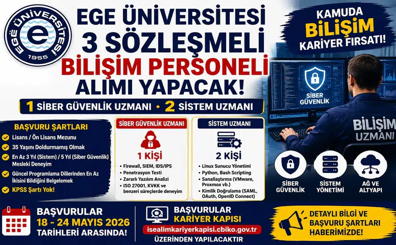 Ege Üniversitesi 3 Sözleşmeli Bilişim Personeli Alımı Yapacak! Siber Güvenlik Uzmanı ve Sistem Uzmanı Alınacak