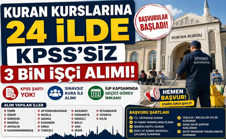 Diyanet’e Bağlı Kur’an Kurslarına KPSS’siz 3 Bin İşçi Alımı Başladı! 24 İlde Başvurular Alınıyor