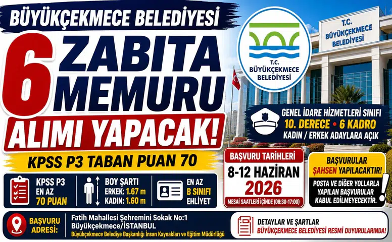 Büyükçekmece Belediyesi 6 Zabıta Memuru Alımı Yapacak! KPSS 70 Şartı ve Başvuru Detayları Açıklandı