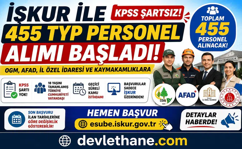 İŞKUR 455 TYP Personel Alımı Başladı! OGM, AFAD, Kaymakamlık ve İl Özel İdaresine KPSS Şartsız Personel Alınacak