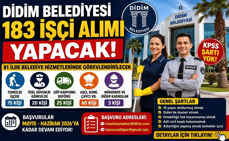Didim Belediyesi 183 İşçi Alımı Başladı! KPSS Şartsız Belediye Personel Alımı İçin Başvurular Açıldı