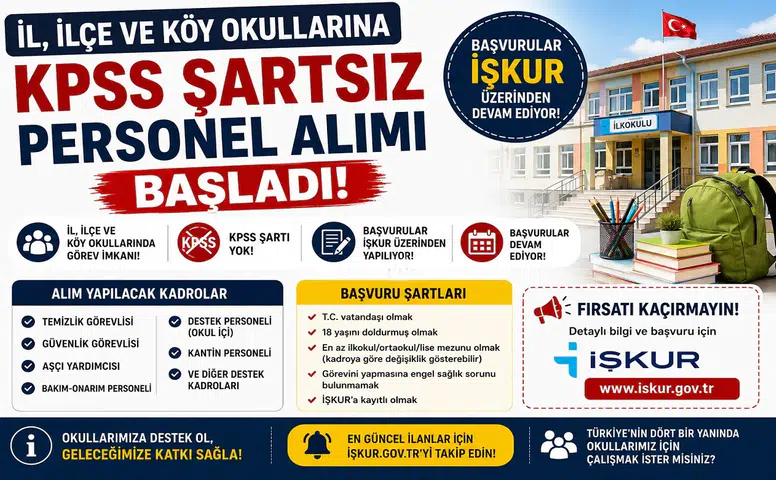İl, İlçe ve Köy Okullarına KPSS Şartsız Personel Alımı Başladı! İŞKUR Başvuruları Devam Ediyor