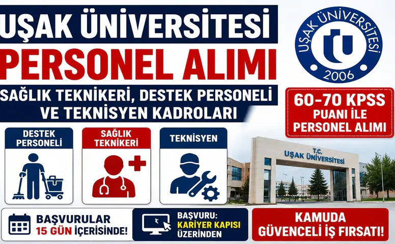Uşak Üniversitesi 60 ve 70 KPSS ile Personel Alımı Yapacak! Sağlık Teknikeri, Destek Personeli ve Teknisyen Kadroları İçin Başvurular Başladı