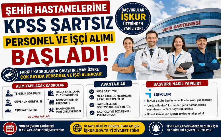 Şehir Hastanelerine KPSS Şartsız Personel ve İşçi Alımı Başladı! Başvurular İŞKUR Üzerinden Yapılıyor