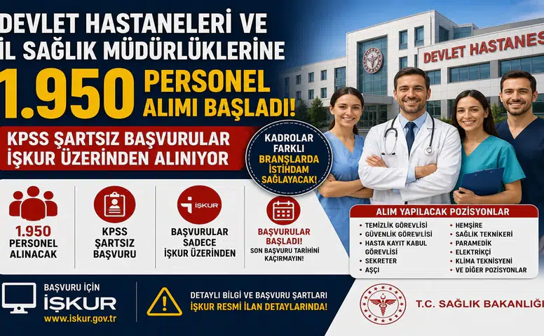 Devlet Hastaneleri ve İl Sağlık Müdürlüklerine 1.950 Personel Alımı Başladı! KPSS Şartsız Başvurular İŞKUR Üzerinden Alınıyor