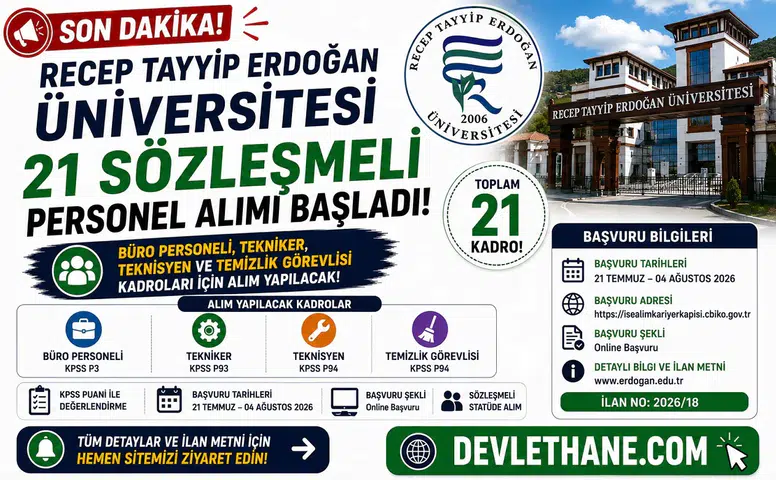 Recep Tayyip Erdoğan Üniversitesi 21 Sözleşmeli Personel Alımı Başladı! Büro Personeli, Tekniker, Teknisyen ve Temizlik Görevlisi Alınacak