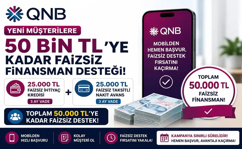 QNB’den Yeni Müşterilere 50 Bin TL’ye Kadar Faizsiz Finansman Desteği! Başvuru Şartları Açıklandı
