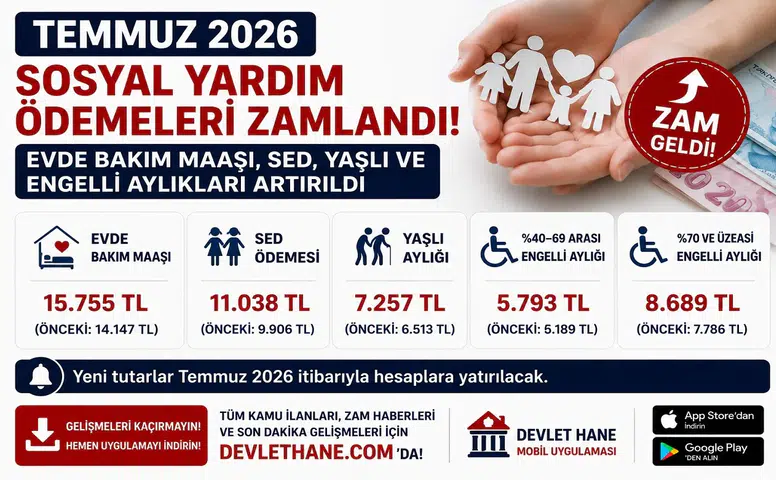 Temmuz 2026 Sosyal Yardım Ödemeleri Zamlandı! Evde Bakım Maaşı, SED, Yaşlı ve Engelli Aylıkları Artırıldı