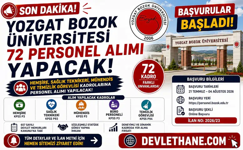 Yozgat Bozok Üniversitesi 72 Personel Alımı Yapacak! Hemşire, Sağlık Teknikeri, Mühendis ve Temizlik Görevlisi Başvuruları Başladı