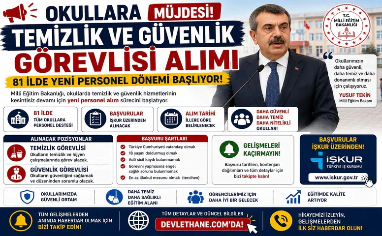 Okullara Temizlik ve Güvenlik Görevlisi Alımı Müjdesi! 81 İlde Yeni Personel Dönemi Başlıyor