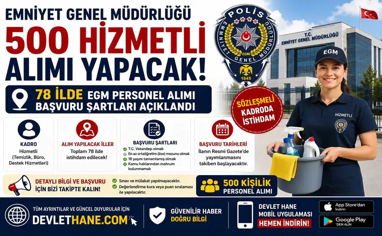 Emniyet Genel Müdürlüğü 500 Hizmetli Alımı Yapacak! 78 İlde EGM Personel Alımı Başvuru Şartları Açıklandı