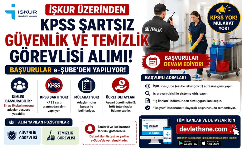 İŞKUR Üzerinden KPSS Şartsız Güvenlik ve Temizlik Görevlisi Alımı! Başvurular e-Şube’den Yapılıyor