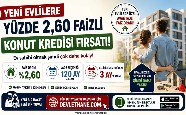 Yeni Evlilere Yüzde 2,60 Faizli Konut Kredisi Fırsatı! 120 Ay Vade ve 3 Ay Erteleme Seçeneği Açıklandı